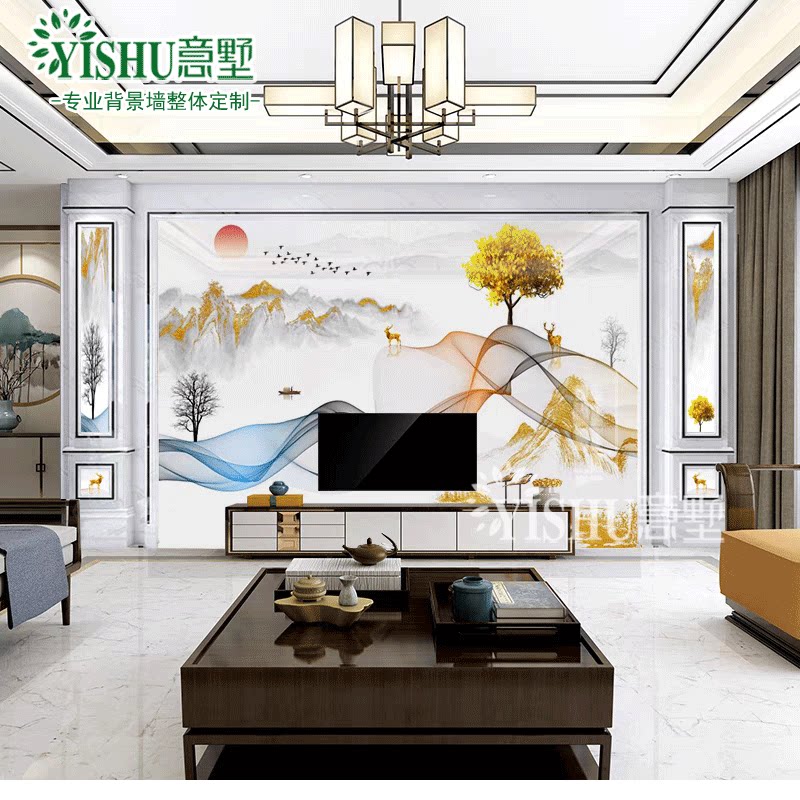 电视背景墙岩板新中式大理石材罗瓷砖背景墙