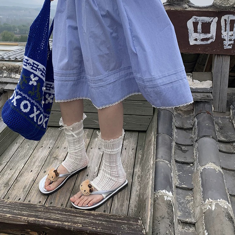 夏天搭配人字拖袜子女清凉蕾丝透气中筒袜蝴蝶结花边袜套芭蕾风袜