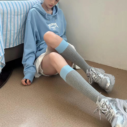 灰蓝拼色小腿袜女甜美可爱jk风格