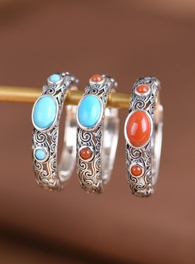 轻奢银戒指925纯银绿松文艺女款