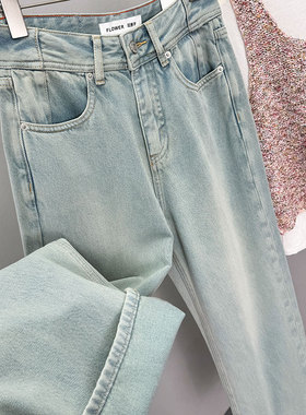 花匣子FLOWER春款501221高腰阔腿裤复古宽松浅色水洗拖地牛仔裤女