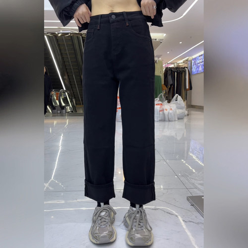 flower花匣子牛仔裤女63025加绒黑色高腰弹力九分翻边显瘦直筒裤