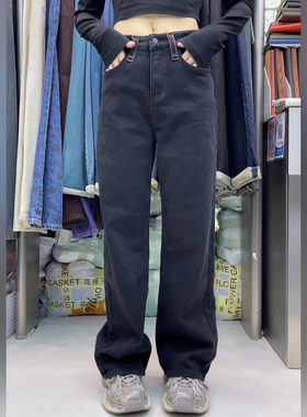 花匣子牛仔裤女62998冬款加绒复古黑色直筒阔腿裤显瘦弹力拖地裤