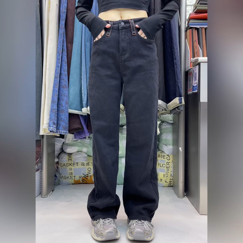 花匣子牛仔裤女62998冬款加绒复古黑色直筒阔腿裤显瘦弹力拖地裤