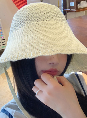 日本RX镂空编织渔夫帽女春夏大帽檐轻薄透气遮阳帽防晒太阳帽子