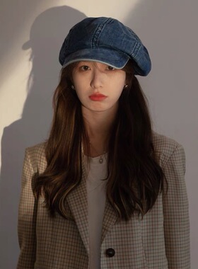日本RX超大贝雷帽女韩版云朵帽显脸小文艺水洗牛仔蓝八角帽画家帽