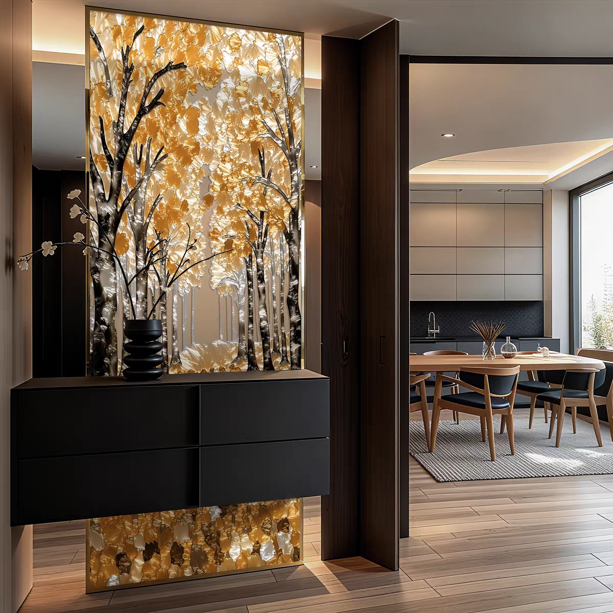 掐丝珐琅彩屏风隔断客厅彩色艺术玻璃入户玄关背景墙半墙遮挡定制