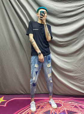 网红破洞牛仔裤男士夏季九分束脚裤社会小伙显瘦百搭修身小脚裤潮