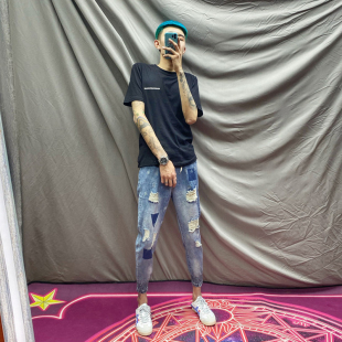 网红破洞牛仔裤男士夏季九分束脚裤社会小伙显瘦百搭修身小脚裤潮