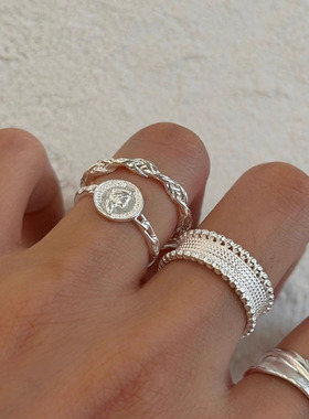 立体浮雕人像圆牌链戒指女欧美风硬币银色百搭开口指环小众食指戒