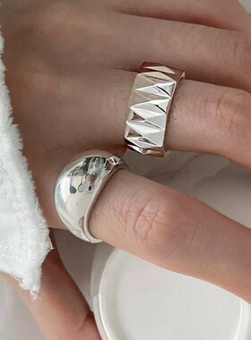 几何宽边星光戒指女切割不规则纹理光面S925镀银开口指环食指戒潮