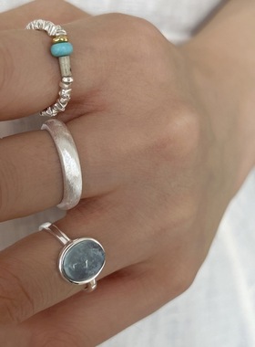 甜酷冰蓝锆石戒指女优雅月光石椭圆碎银S925银开口指环ins食指戒