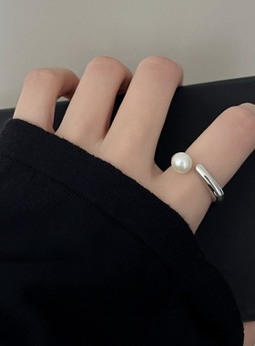 简约珍珠戒指女时尚百搭个性叠戴S925镀银开口指环几何方形食指戒