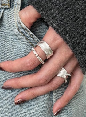 精致双层串珠戒指女几何宽边不规则镂空S925镀银开口指环食指戒潮