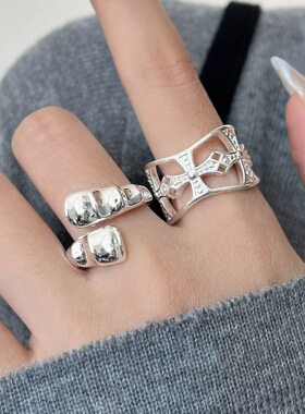 简约十字架戒指女精致镂空不规则褶皱交叉开口指环ins风食指戒潮