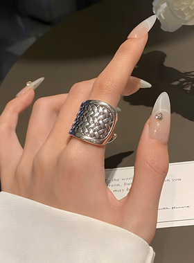 韩版复古夸张编织网格戒指女个性时尚重工开口指环嘻哈朋克食指戒
