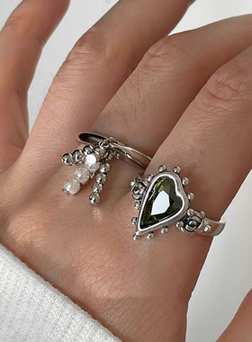 流苏吊坠戒指女法式复古宫廷风S925镀银开口指环网红爱心食指戒潮