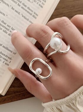 几何不规则仿珍珠戒指女简约线条交叉缠绕开口指环网红时尚食指戒