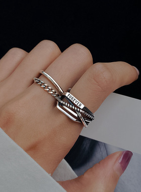 韩版S925镀银线条交叉戒指女复古字母永恒开口指环链条个性食指戒