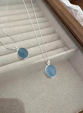 海蓝色吊坠项链女几何椭圆精致优雅S925镀银ins锁骨链小众网红颈