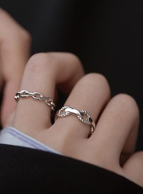 欧美网红个性链条戒指女复古s925镀银开口指环简约冷淡风食指戒潮