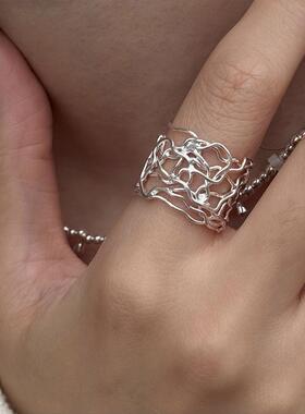 线条镂空宽边戒指女个性嘻哈时尚甜酷S925镀银开口指环百搭食指戒