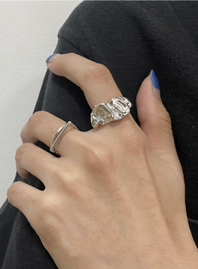 韩版S925镀银褶皱不规则戒指女复古气质夸张双层方圆开口指环食指