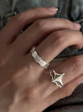 甜美精致纹理戒指女几何星芒叠戴百搭个性S925镀银开口指环食指戒