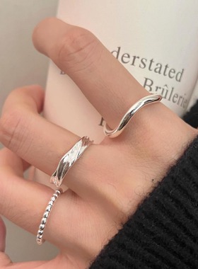 简约叠戴几何戒指女甜酷百搭时尚不规则波浪S925银开口指环食指戒