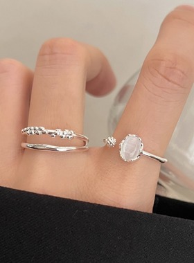 精致月光石素圈戒指女轻奢叠戴S925银开口指环时尚甜酷风食指戒潮