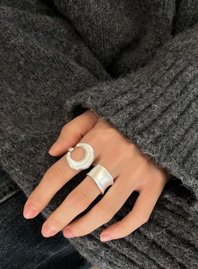 磨砂哑光戒指女几何宽边月牙百搭叠戴开口指环甜酷网红气质食指戒