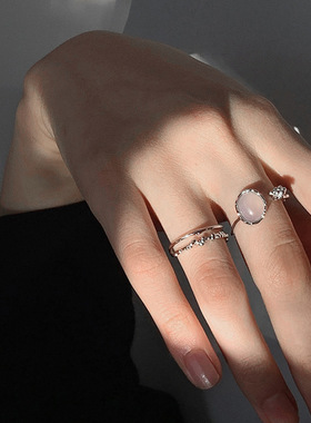 韩版S925镀银不对称气质戒指女复古花朵双层开口指环气质异形戒指