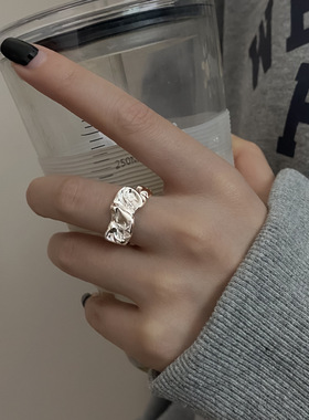 金属褶皱开口食指戒指女小众设计ins个性夸张S925镀银嘻哈指环潮