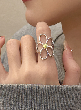 做旧镂空花朵戒指女轻奢夸张个性S925镀银开口指环小众时尚食指戒