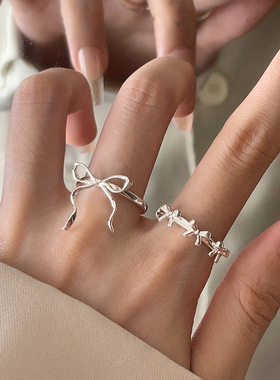 飘带蝴蝶结戒指女简约几何线条百搭叠戴开口指环ins风网红食指戒