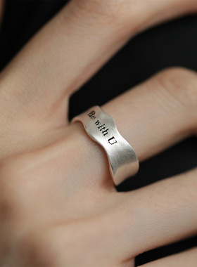 简约磨砂字母戒指女几何波浪冷淡风S925镀银开口指环嘻哈食指戒潮