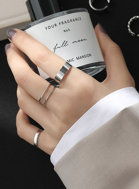 韩国简约叠戴组合戒指女925镀银ins个性学生简约线条开口食指环潮