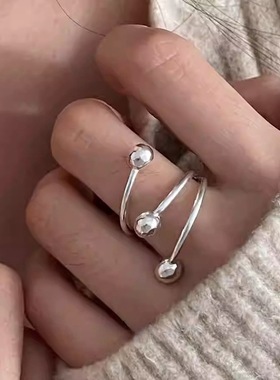 几何线条圆球戒指女交错不规则S925镀银开口指环个性嘻哈食指戒潮