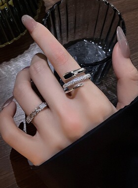 甜酷链条闪亮戒指女精致多层线条环绕S925镀银开口叠戴指环食指戒
