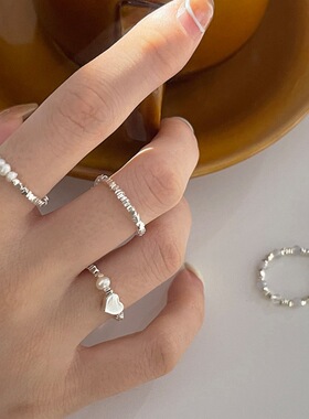 简约抽拉珍珠戒指女碎银个性叠戴爱心S925银可调节指环网红食指戒
