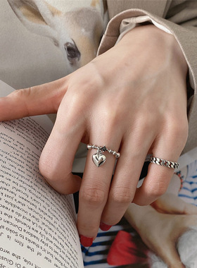 韩国复古爱心吊坠戒指女925镀银ins网红个性泰银简约开口食指戒潮