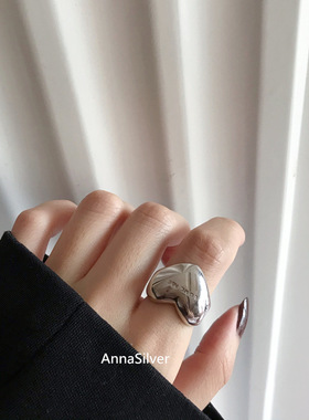 韩版S925镀银夸张心型戒指女复古时尚个性爱心字母love开口食指环