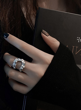 韩版S925镀银U型几何戒指女复古时尚褶皱开口指环嘻哈朋克食指戒