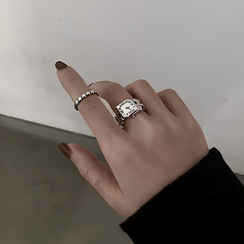 欧美S925镀银个性罗马时钟戒指女复古时尚重工手表开口指环食指戒