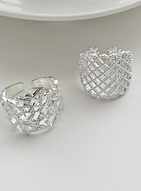 不规则镂空网格开口食指戒指女