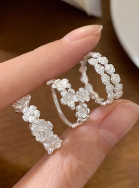 甜美立体花朵戒指女简约时尚个性气质S925镀银开口指环ins食指戒