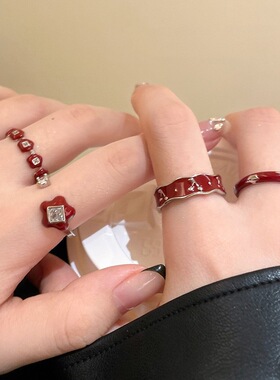 酒红色花朵戒指女精致滴釉樱桃S925镀银开口指环ins风小众食指戒