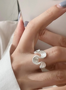 精致唐草纹波浪卷戒指女几何裙摆扭曲S925镀银开口指环ins食指戒