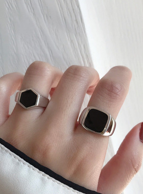 韩版S925镀银黑色几何六边形戒指女复古个性开口指环嘻哈食指戒潮