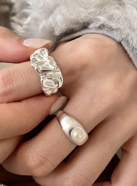 褶皱不规则戒指女复古时尚个性嘻哈S925银开口指环网红百搭食指戒